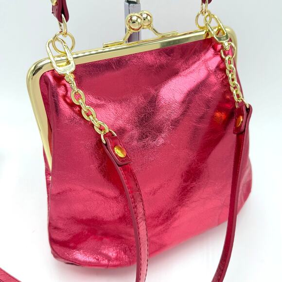 HOBO Alba Crossbody Purse Strawberry Fields Metallic Pink Leather Gold Kiss Lock - Picture 4 of 10